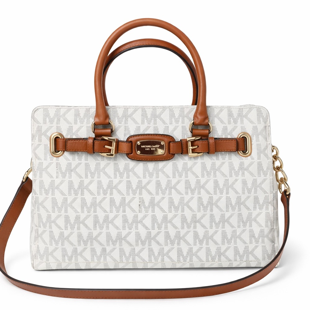 🤎Michael Kors Logo Satchel – Vanilla MK Print w/ Luggage Brown Trimp🤍